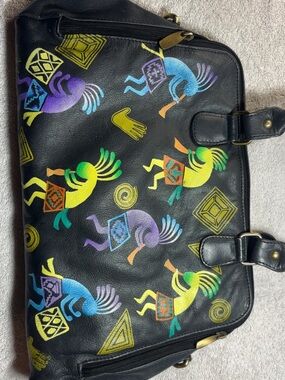Source Unknown Black Leather Shoulder Bag with Multicolor Kokopelli Motif